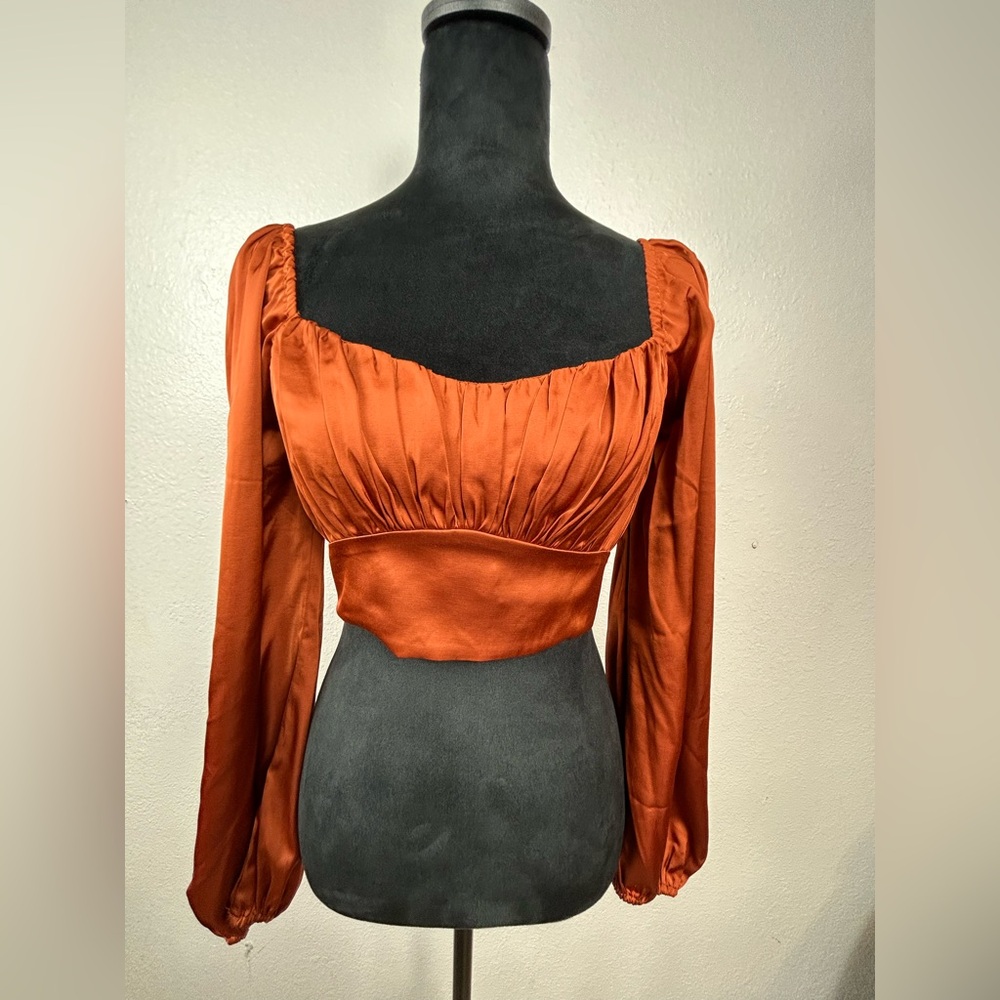 Abercrombie & Fitch Burnt Orange Satin Puff Sleeve Crop Top Women’s Size S
